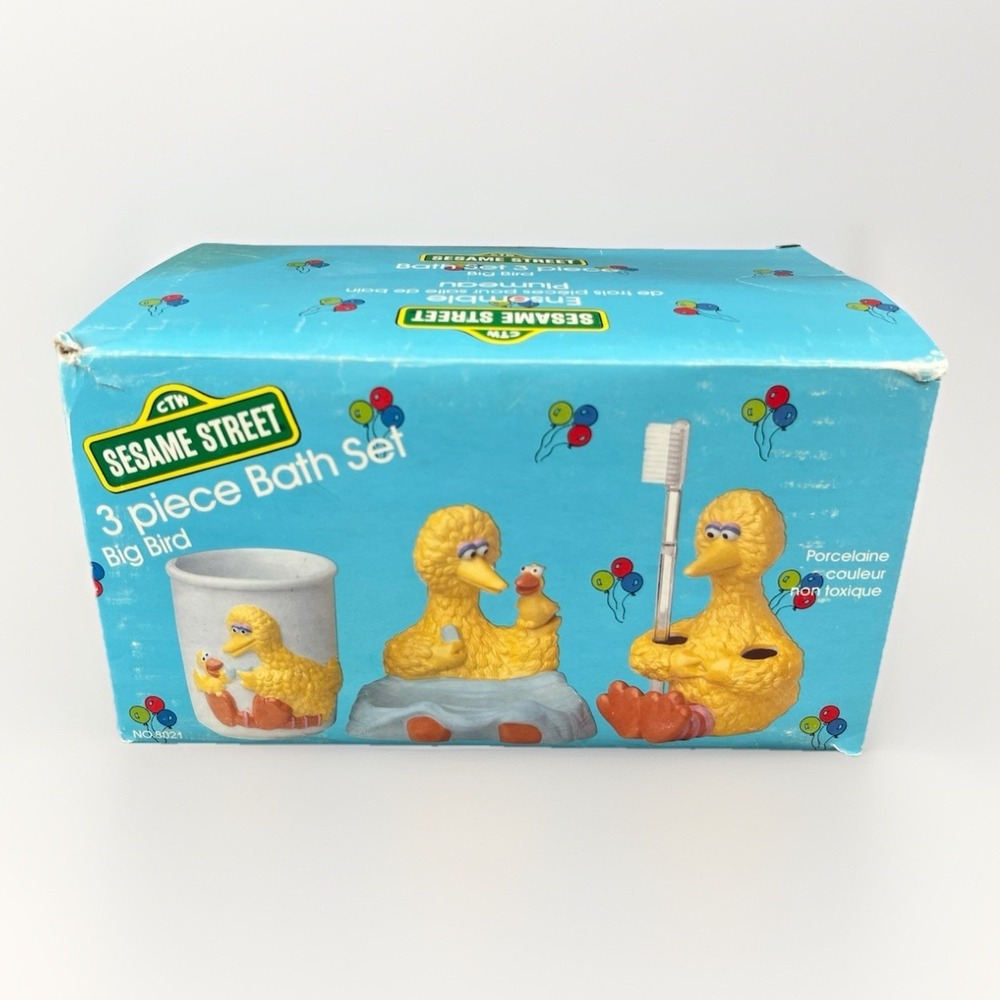 Sesame Street Big Bird‎ Ceramic Soap Dish Toothbrush Holder And Cup Set Of 3 New